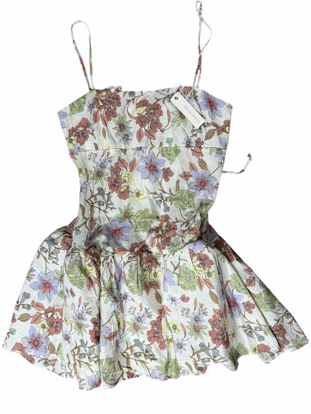 OLIVACEOUS White Floral Tie-Strap Dress with Pastel Blooms And Tulle Underlay